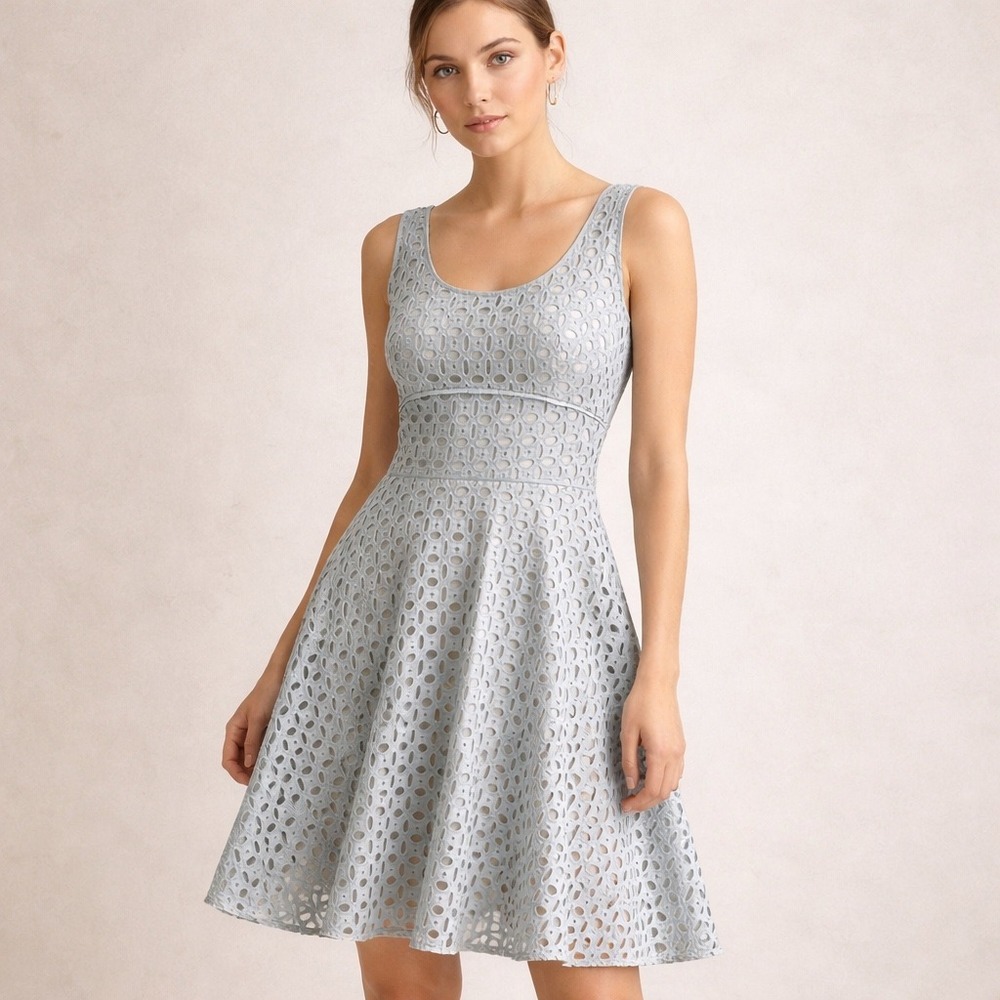Ann Taylor LOFT Eyelet Fit & Flare Dress 10 Pale Blue Sleeveless Summer‎ Garden